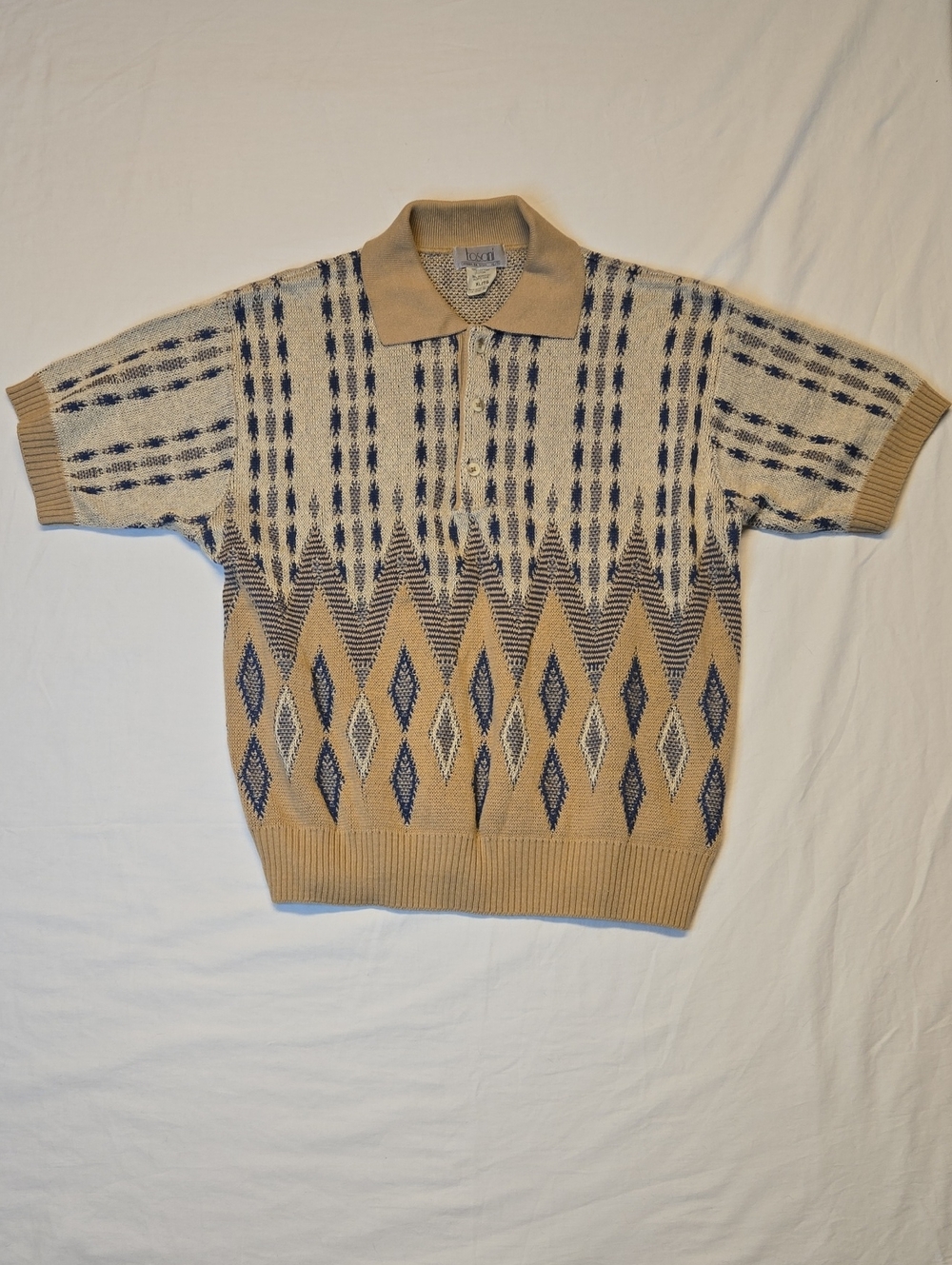 Tosani Coogi Style Beige and Navy Short Sleeve Heavyweight Knit Polo Shirt Y2K